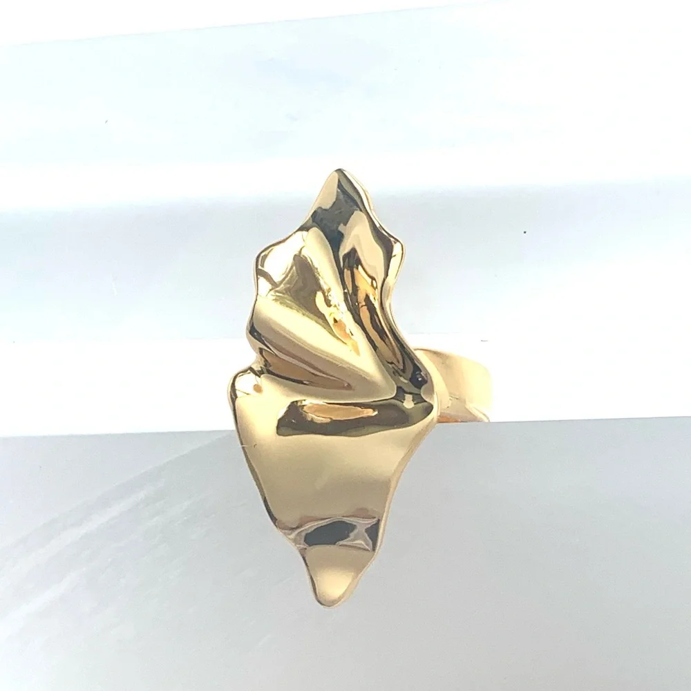 ALEXIS BITTAR Crumpled Metal Graceful Leaf Shaped Sculpted Yellow Gold Ring